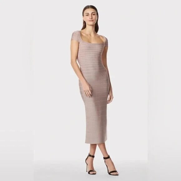 Herve Leger BNWOT womens cap sleeve blush pink midi dress NEW sz Xsmall - Picture 2 of 13